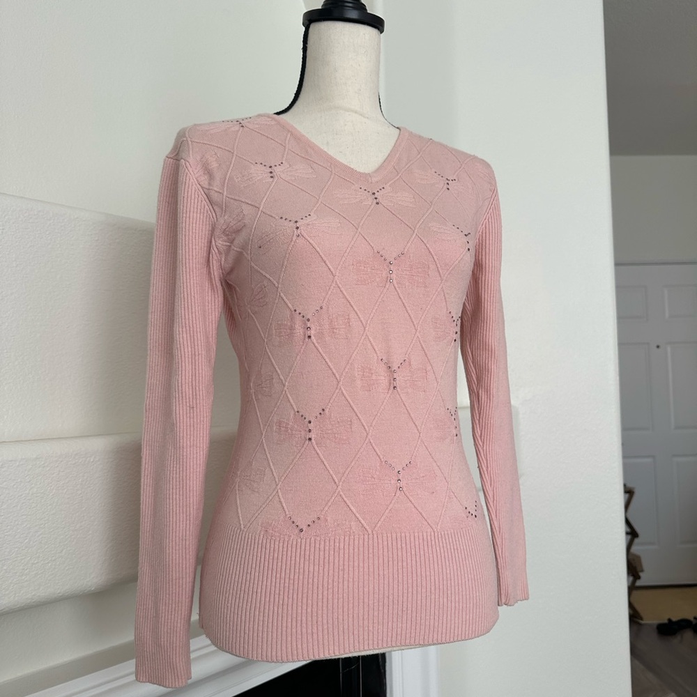 Pink Wool Cashmere Blend V-Neck Sweater Rhinestone Dragonflies Diamond Pattern